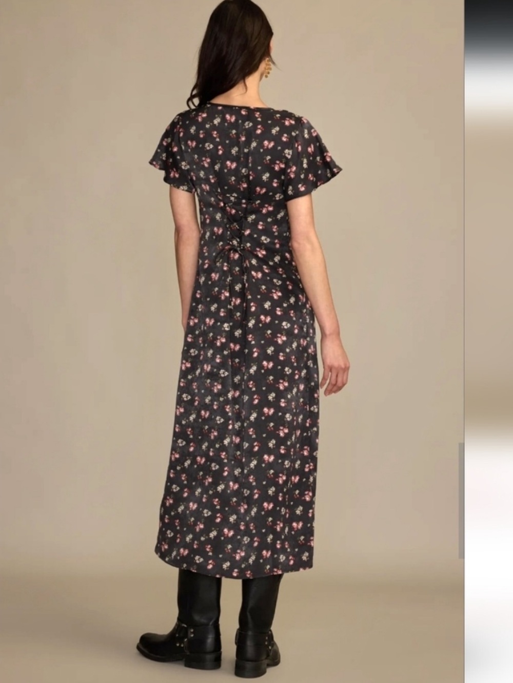 NWT Lucky Brand Black Floral Flutter Sleeve Midi Dress Boho Front Slit Size XL - Picture 3 of 14